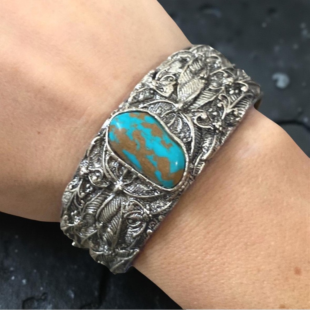 Botanical Silver Metal Faux Turquoise Cuff Bracelet